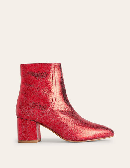 Block Heel Leather Ankle Boots-Red Metallic Leather