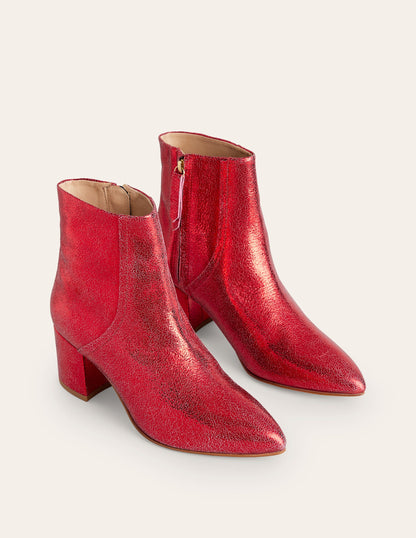 Block Heel Leather Ankle Boots-Red Metallic Leather