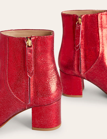 Block Heel Leather Ankle Boots-Red Metallic Leather