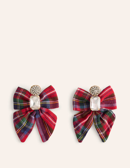 Novelty Bow Earrings-Red and Blue Check