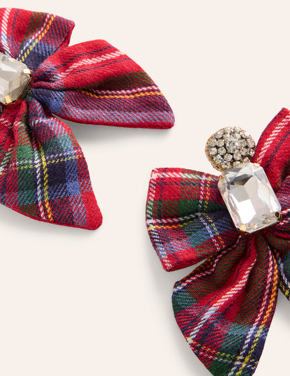 Novelty Bow Earrings-Red and Blue Check