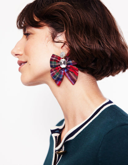 Novelty Bow Earrings-Red and Blue Check