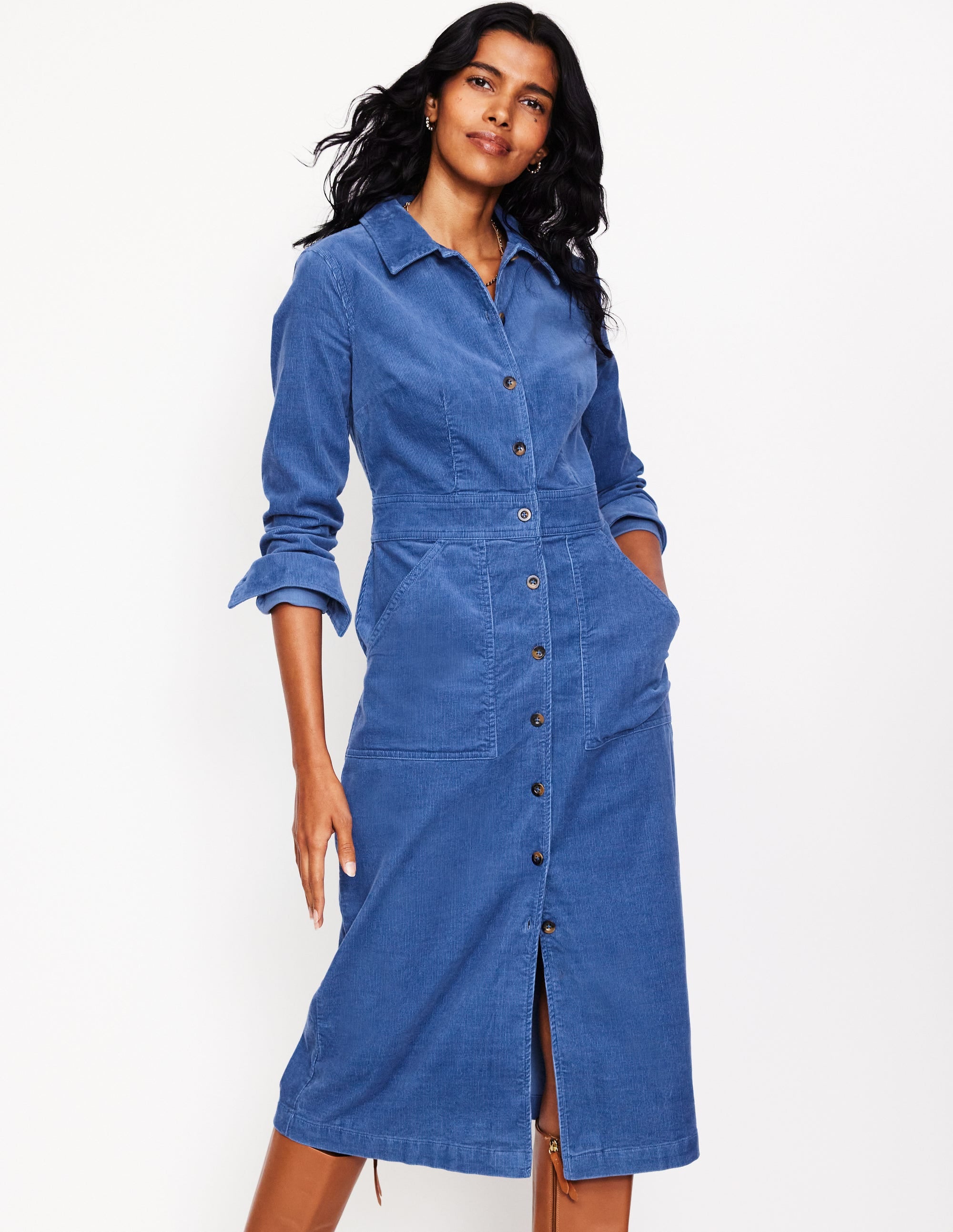 Flora Cord Midi Shirt Dress-True Navy - Image 4