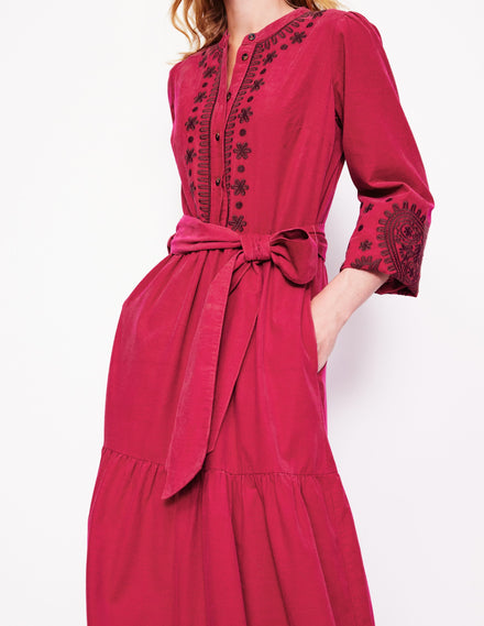 Alba Cord Maxi Dress-Cherry Jam, Embroidered