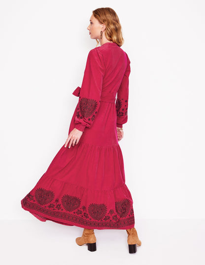 Alba Cord Maxi Dress-Cherry Jam, Embroidered