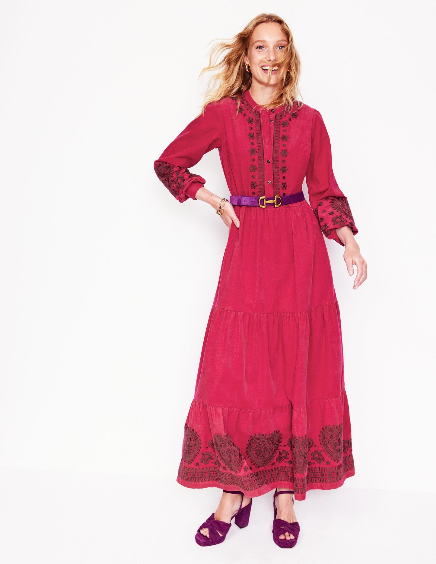 Alba Cord Maxi Dress-Cherry Jam, Embroidered