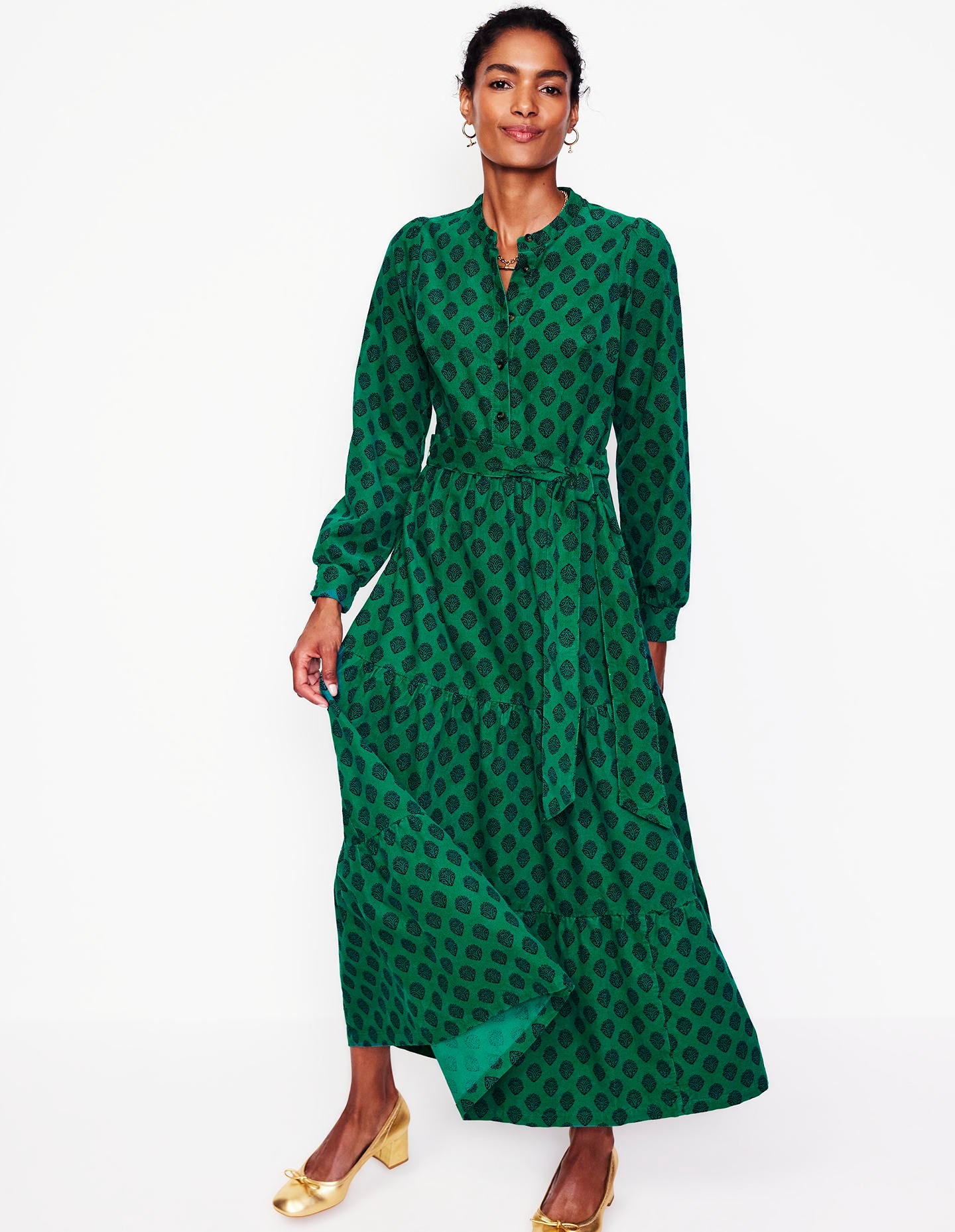 Alba Cord Maxi Dress-Alpine Green, Ornate Stamp - Image 1