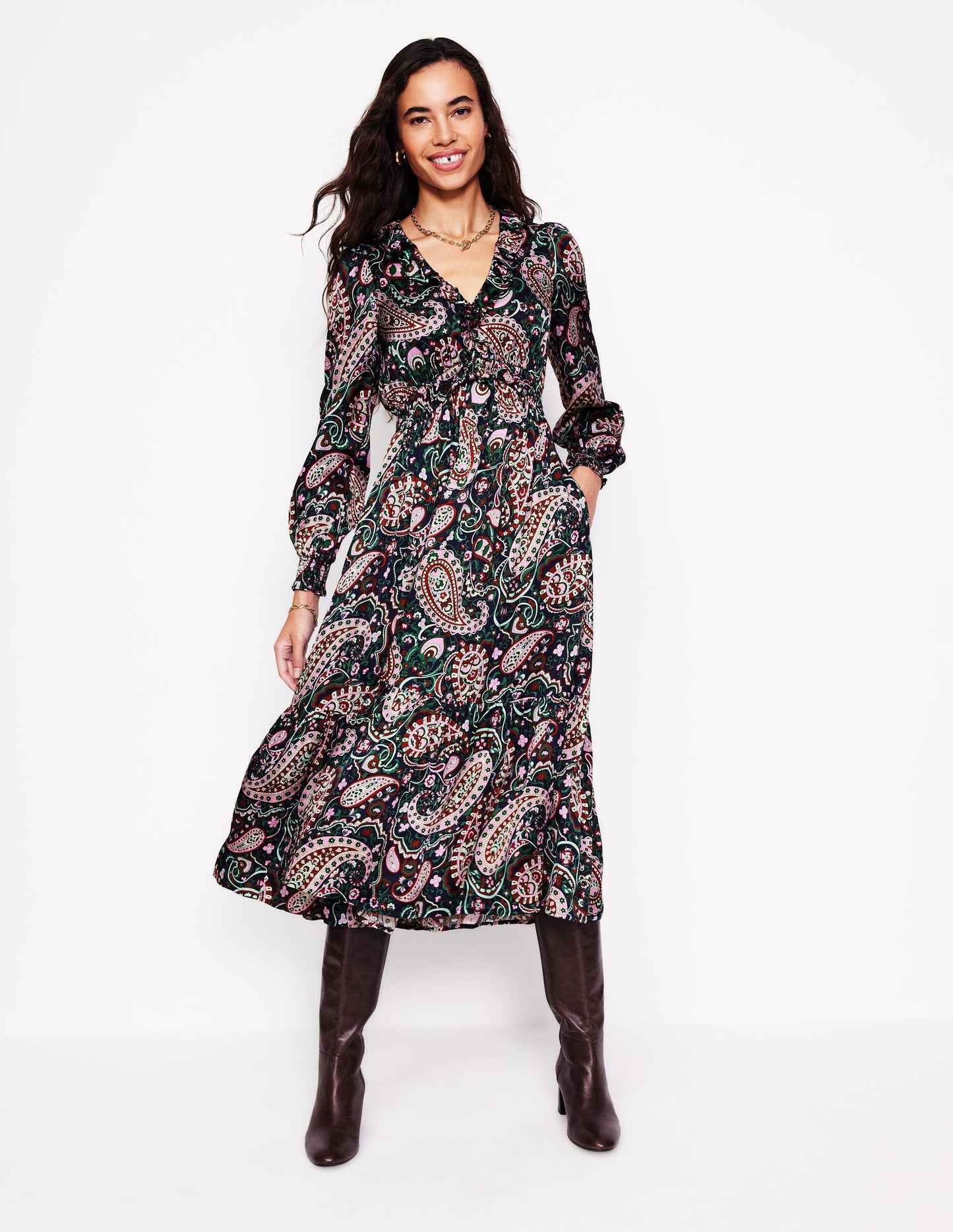 Shirred Ruffle Midi Dress-Mauve Mist, Paisley Paradise