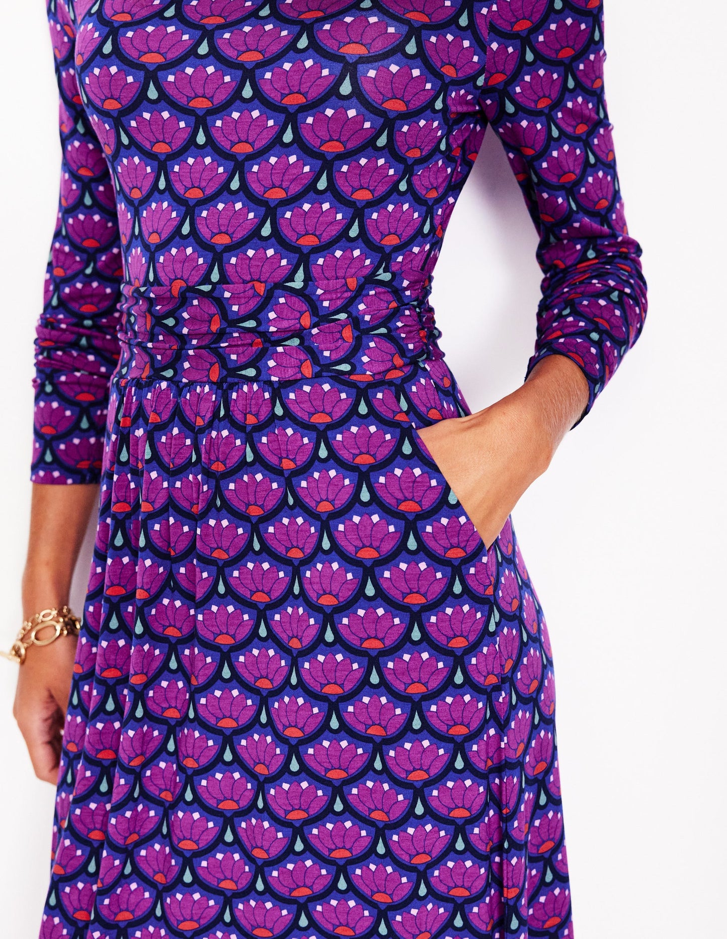 Amelie Long Sleeve Midi Dress-Regal Purple, Lotus Stamp