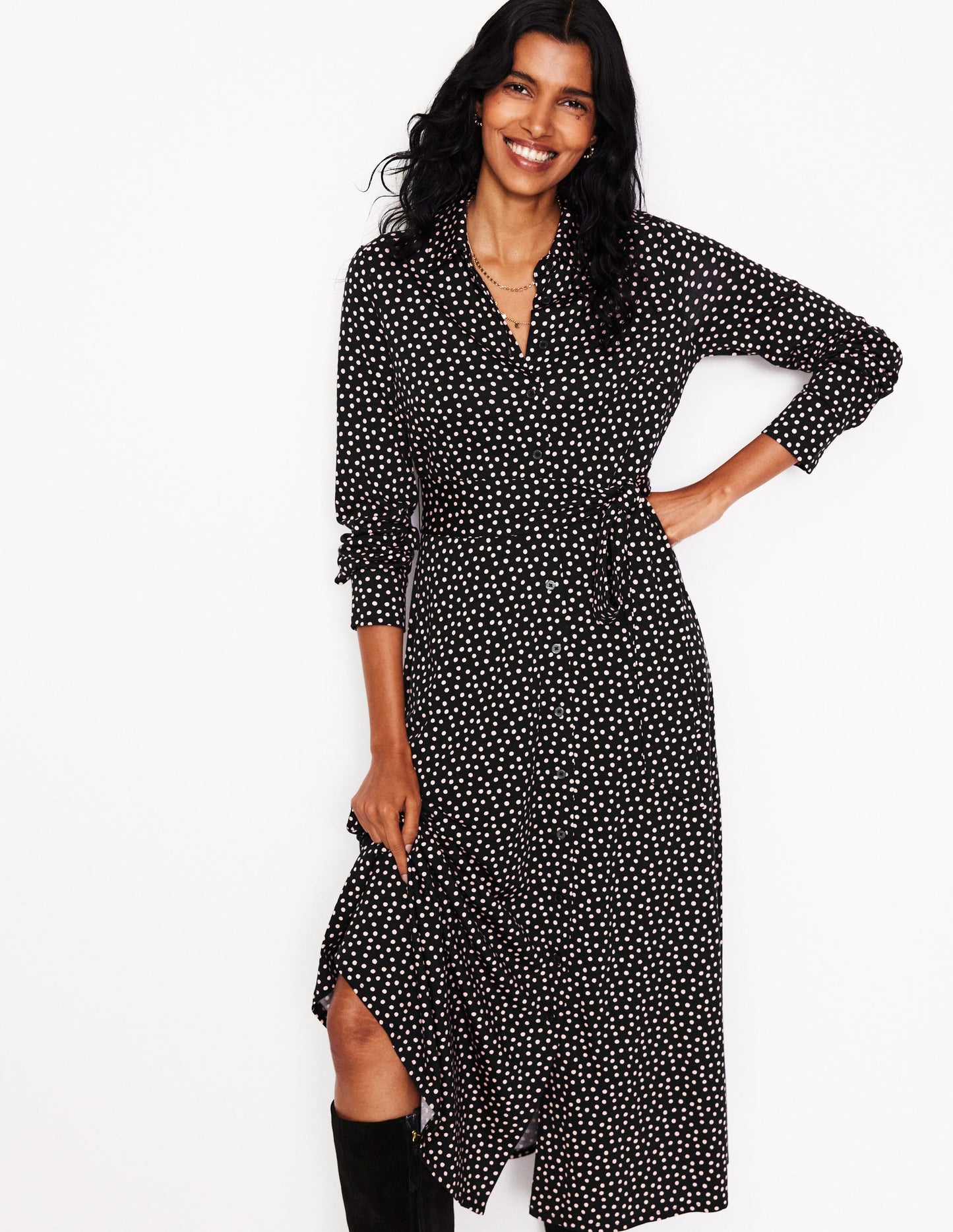 Marcia Jersey Midi Shirt Dress-Black, Abstract Dot