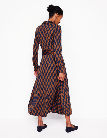 Marcia Jersey Midi Shirt Dress-Cognac, Chevron Swirl