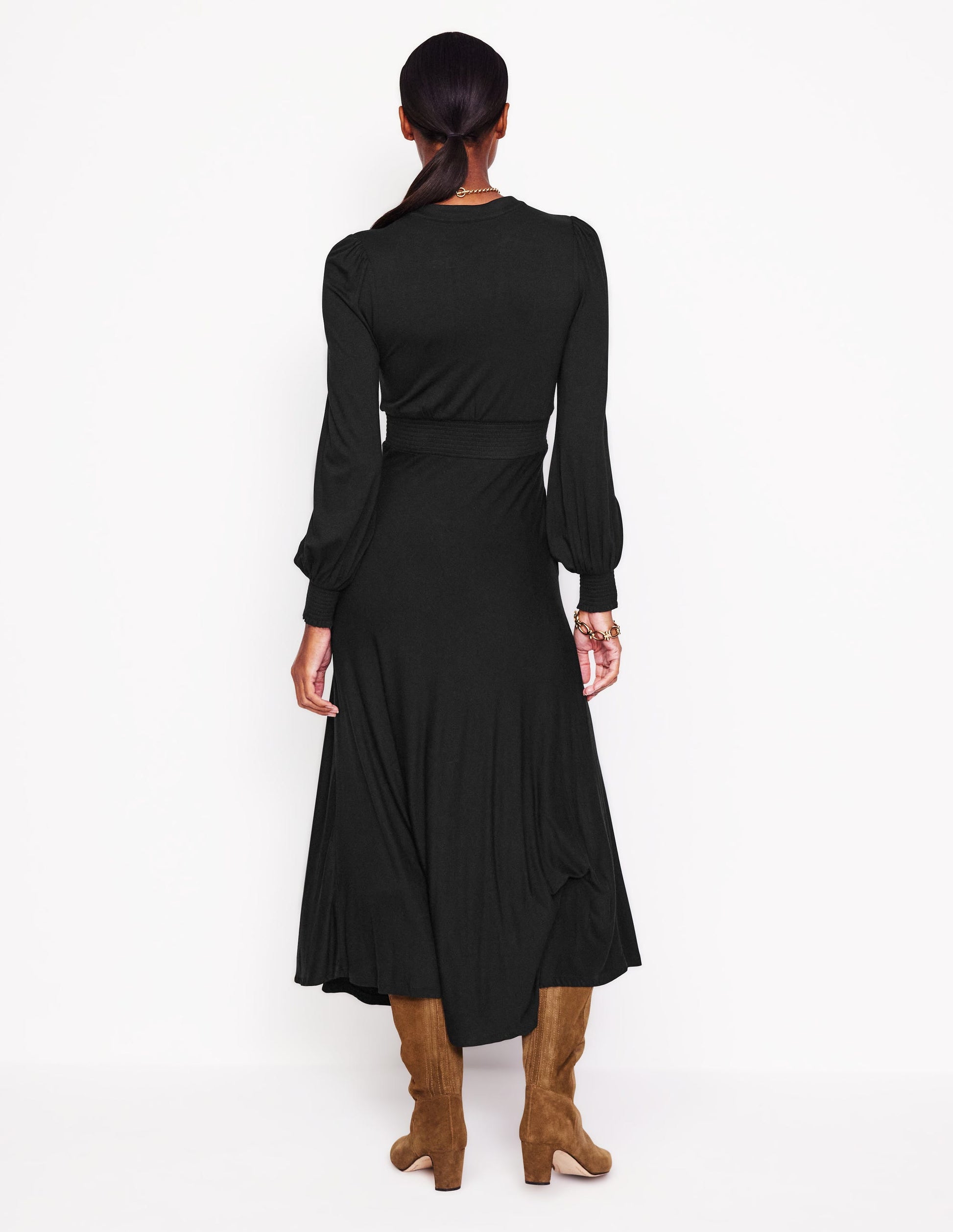 Ivy Smocked Midi Dress-Black Ivy Smocked Midi Dress-Black