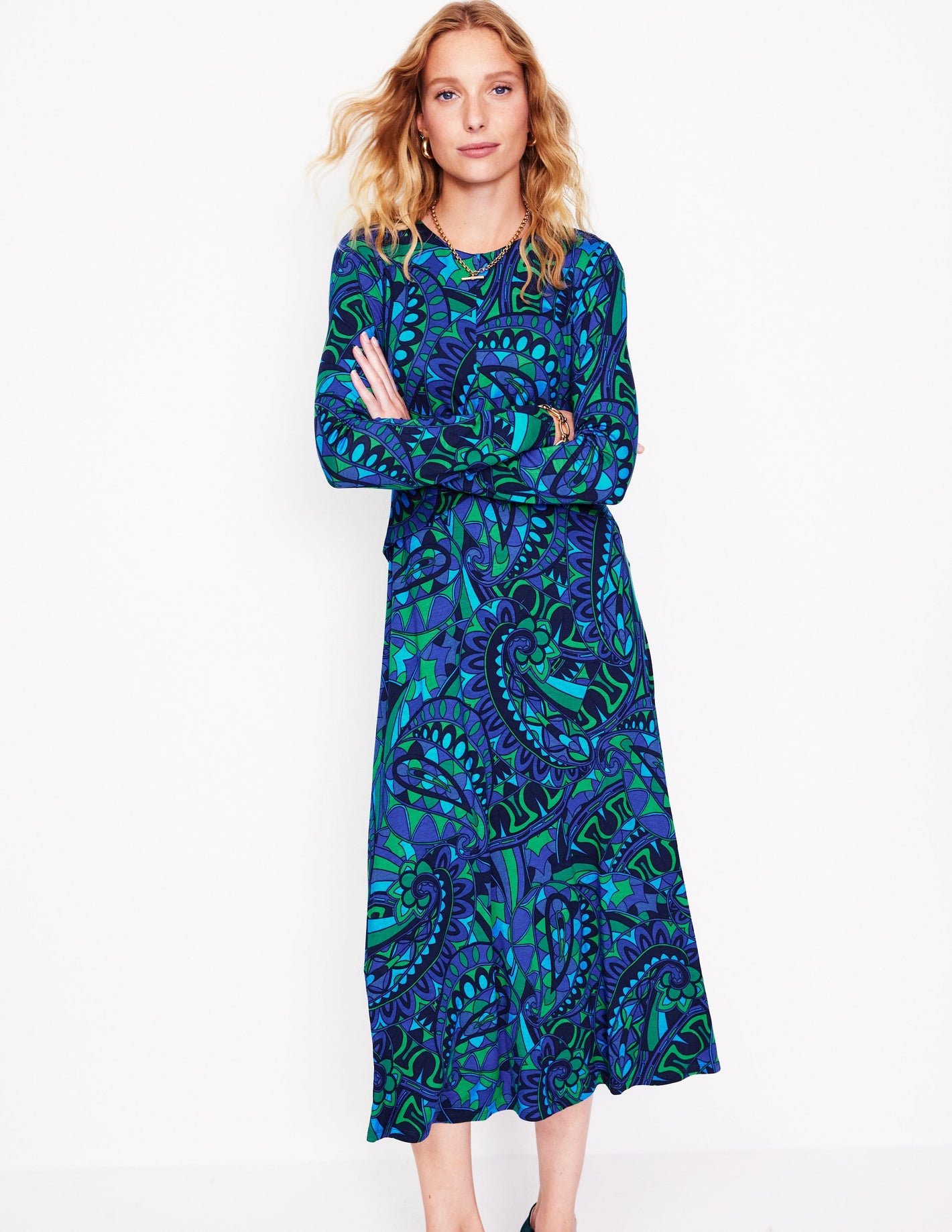 Twisted Waist Jersey Dress-Blue, Kaleidoscopic Paisley