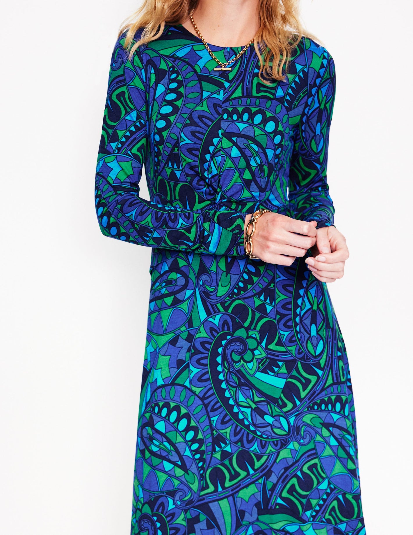 Twisted Waist Jersey Dress-Blue, Kaleidoscopic Paisley