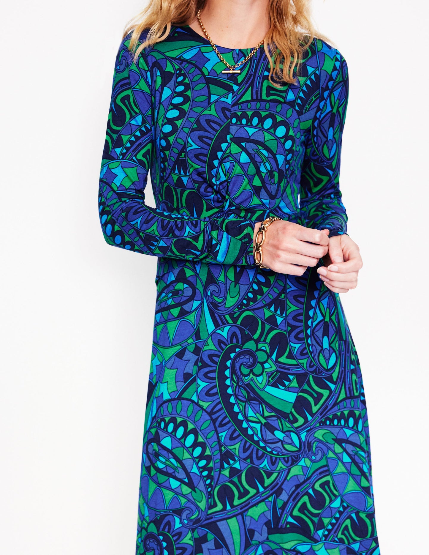 Twisted Waist Jersey Dress-Blue, Kaleidoscopic Paisley