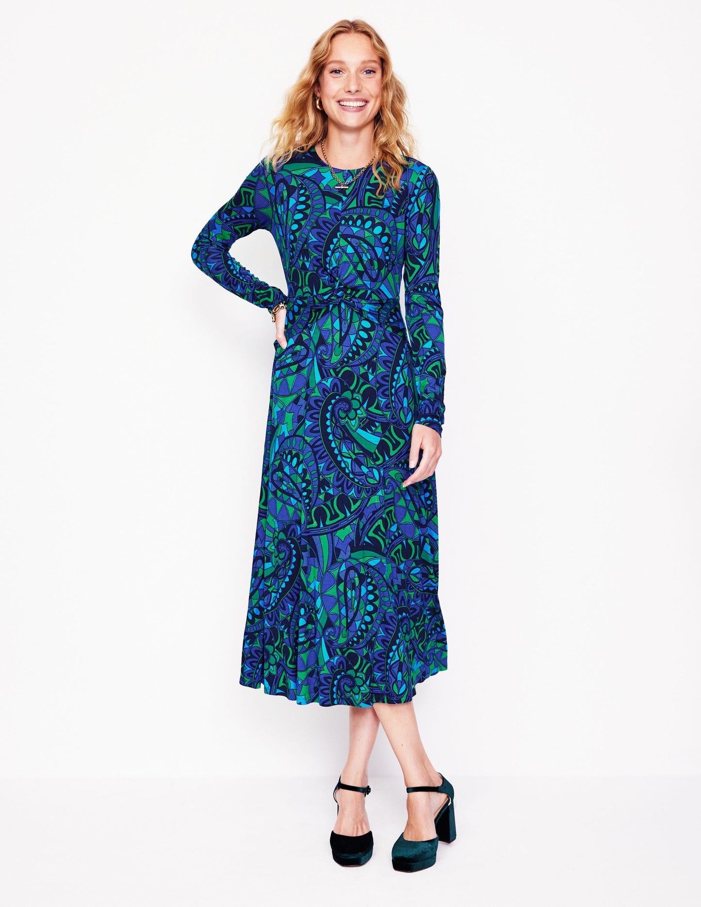 Twisted Waist Jersey Dress-Blue, Kaleidoscopic Paisley