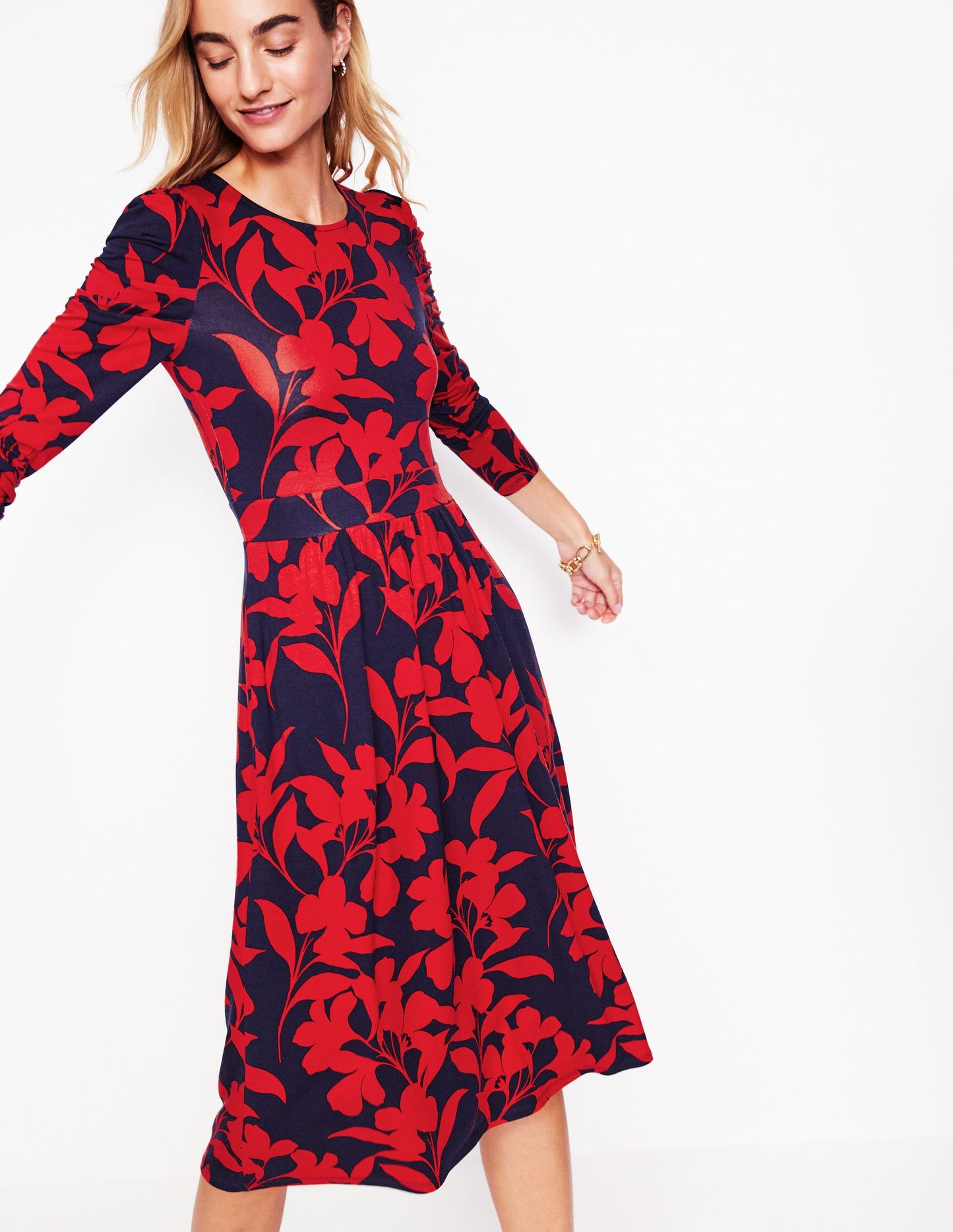 Puff Sleeve Blouson Dress-Red, Silhouette Bloom