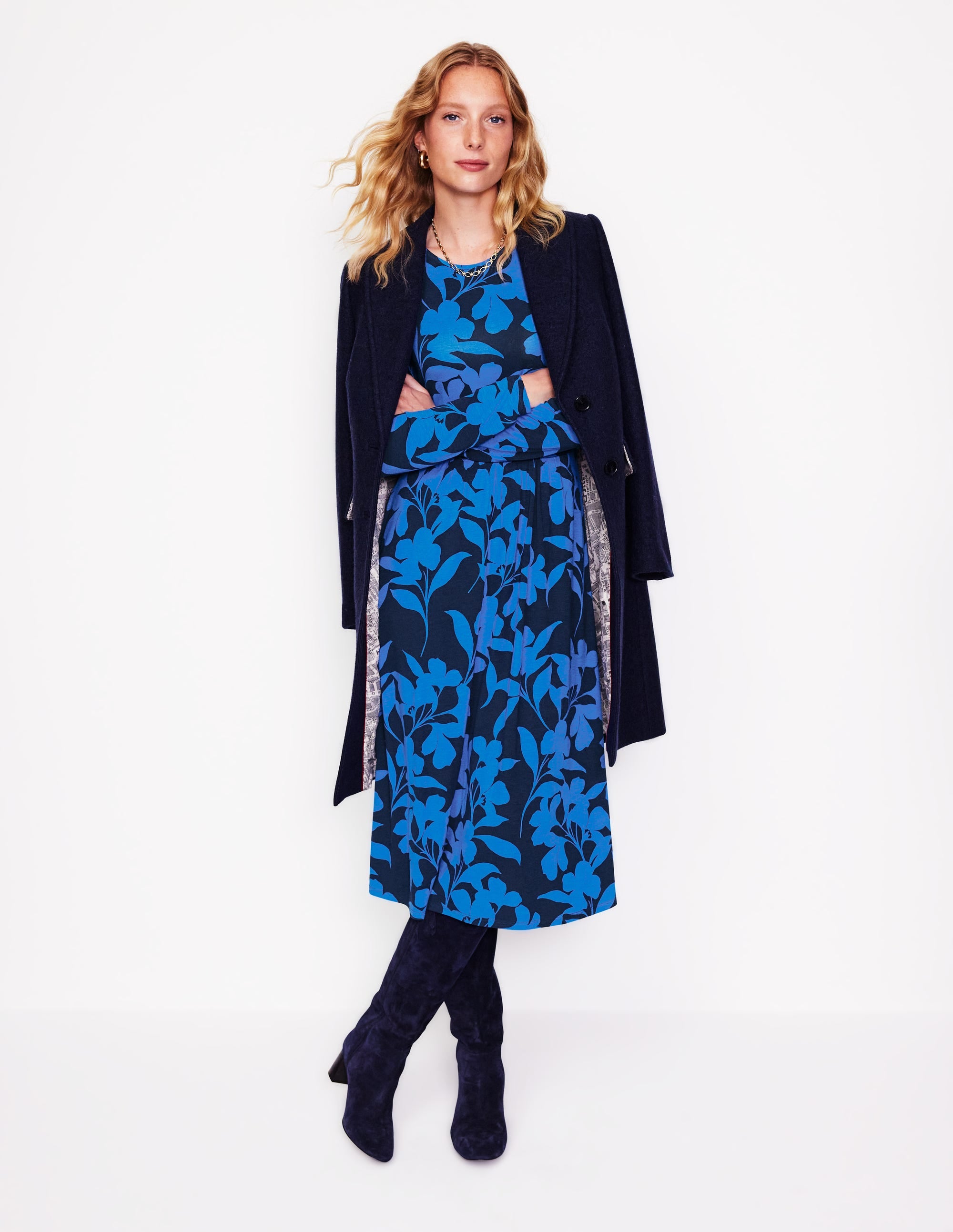 Puff Sleeve Blouson Dress-Navy, Silhouette Bloom - Image 1