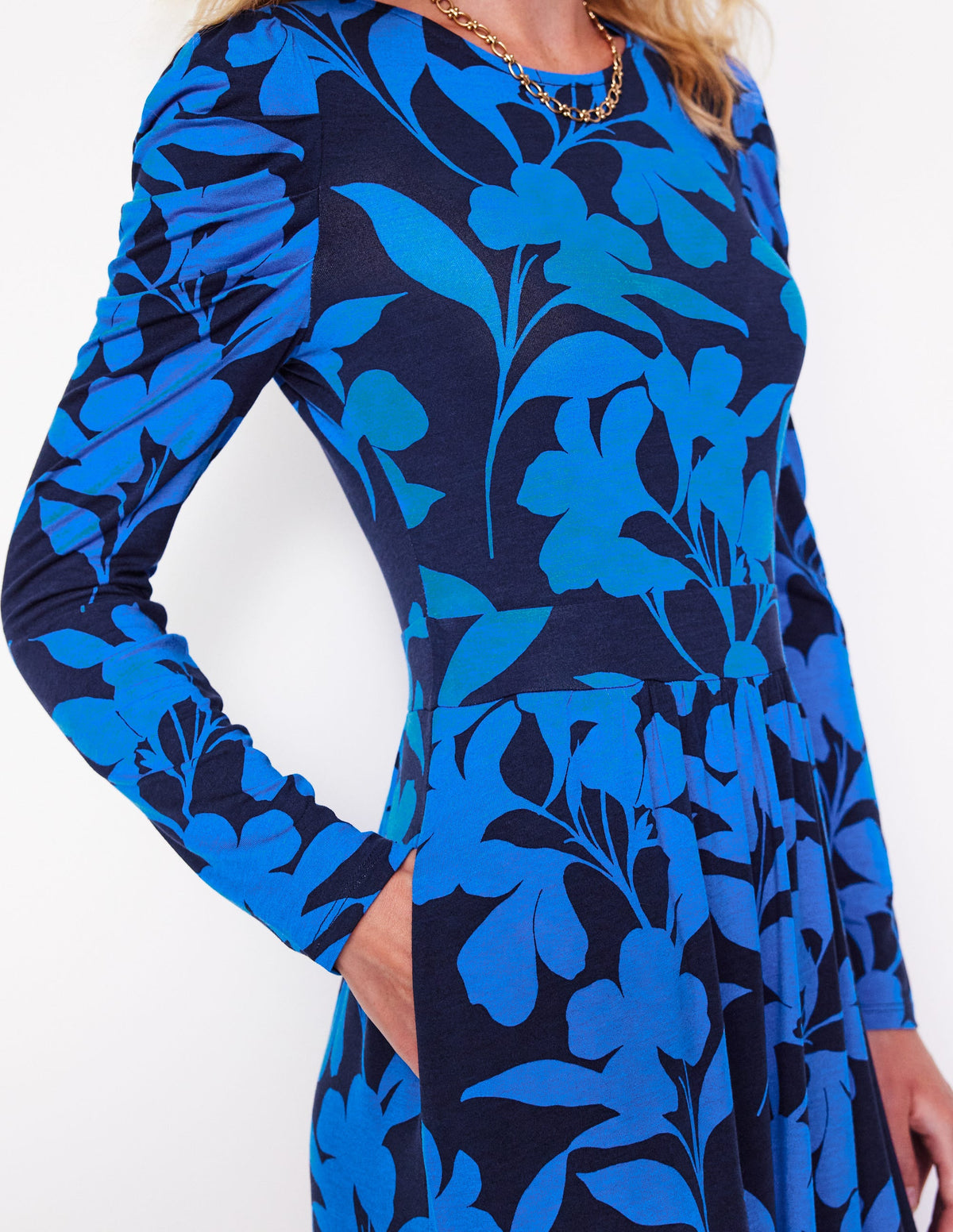 Puff Sleeve Blouson Dress-Navy, Silhouette Bloom - Image 2
