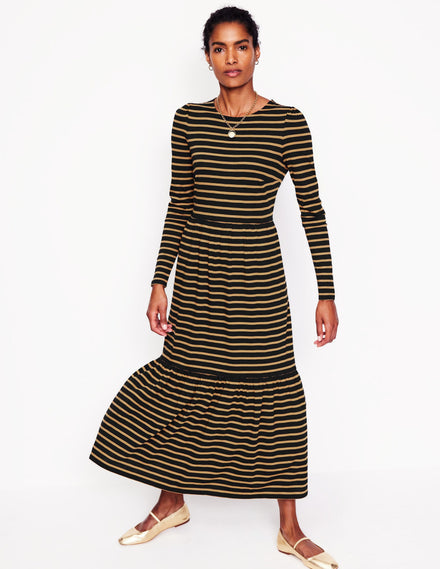 Emma Long Sleeve Jersey Dress-Camel, Black Stripe