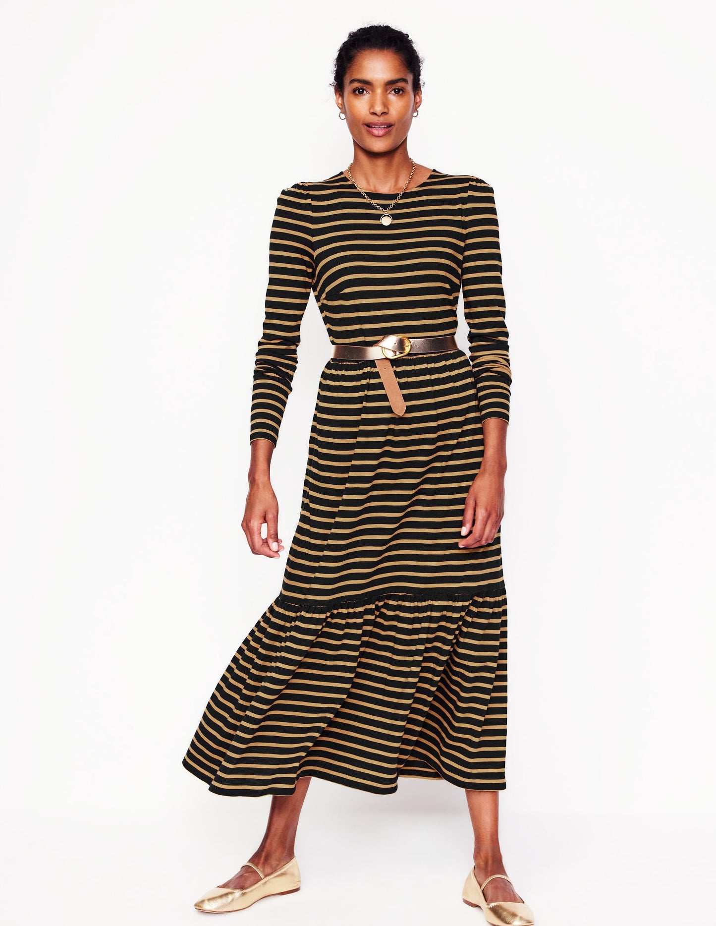 Emma Long Sleeve Jersey Dress-Camel, Black Stripe