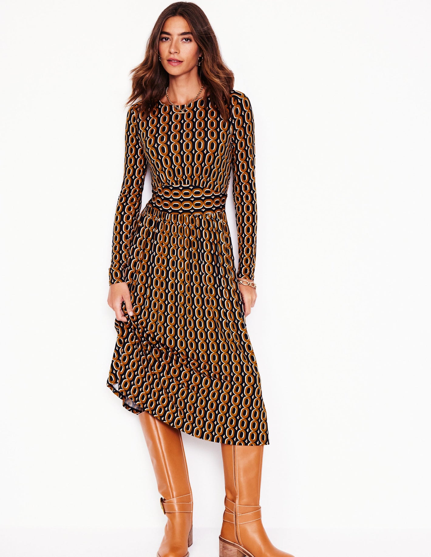 Thea Long Sleeve Jersey Dress-Ochre, Chain