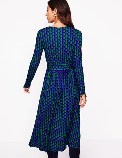 Thea Long Sleeve Jersey Dress-Pine, Raindrop Geo