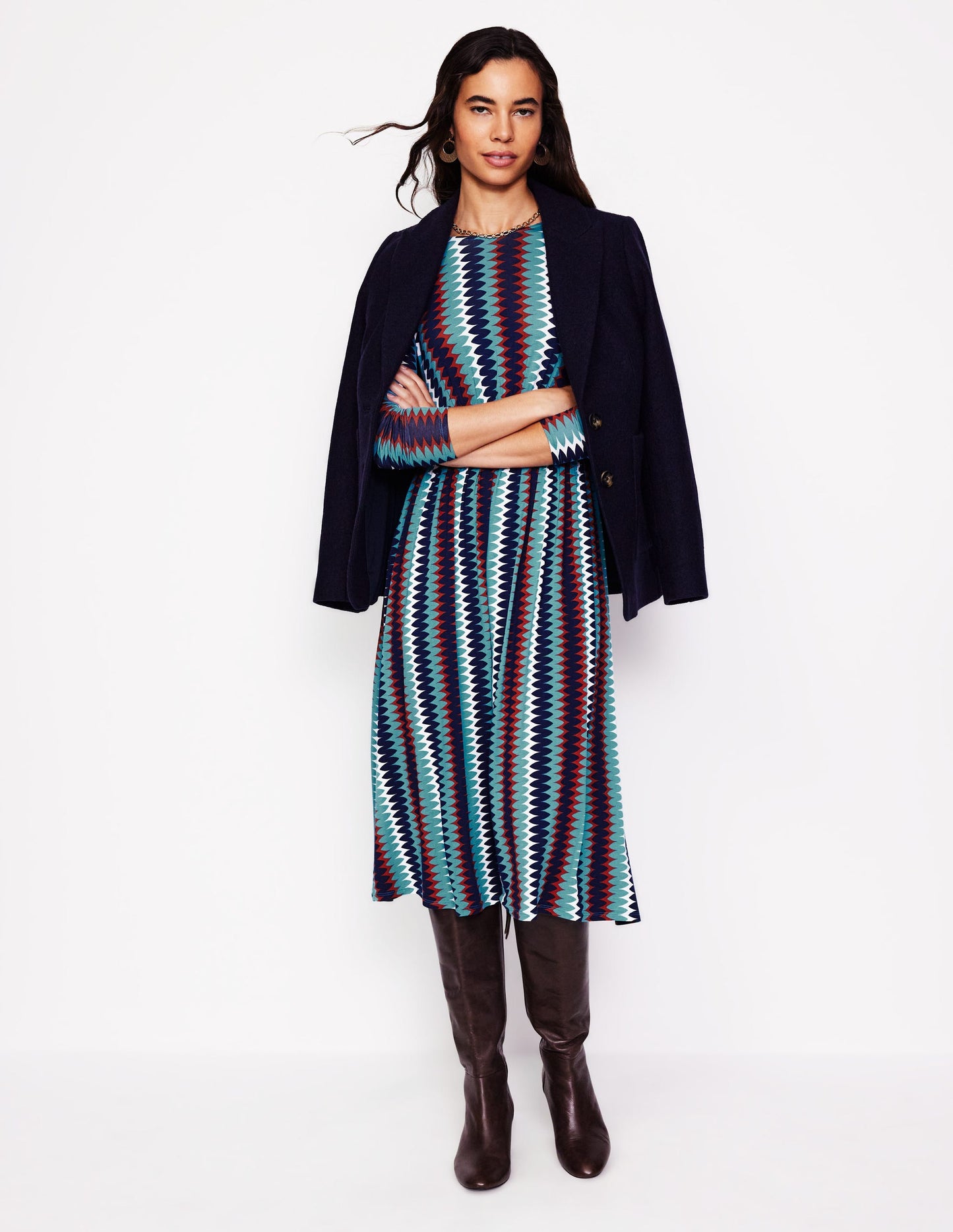 Thea Long Sleeve Jersey Dress-Multi, Chevron Charm