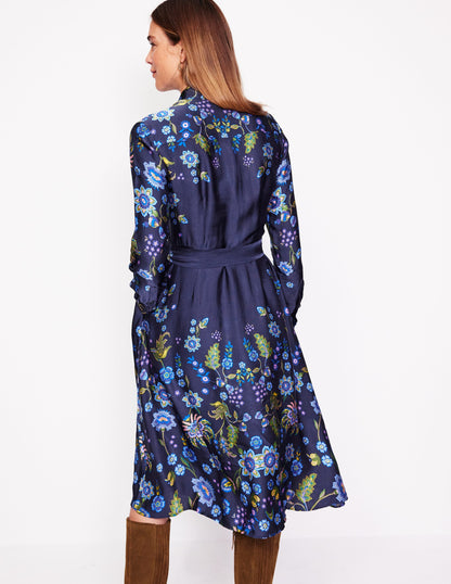 Kate Satin Shirt Dress-Blue, Blossom Flourish