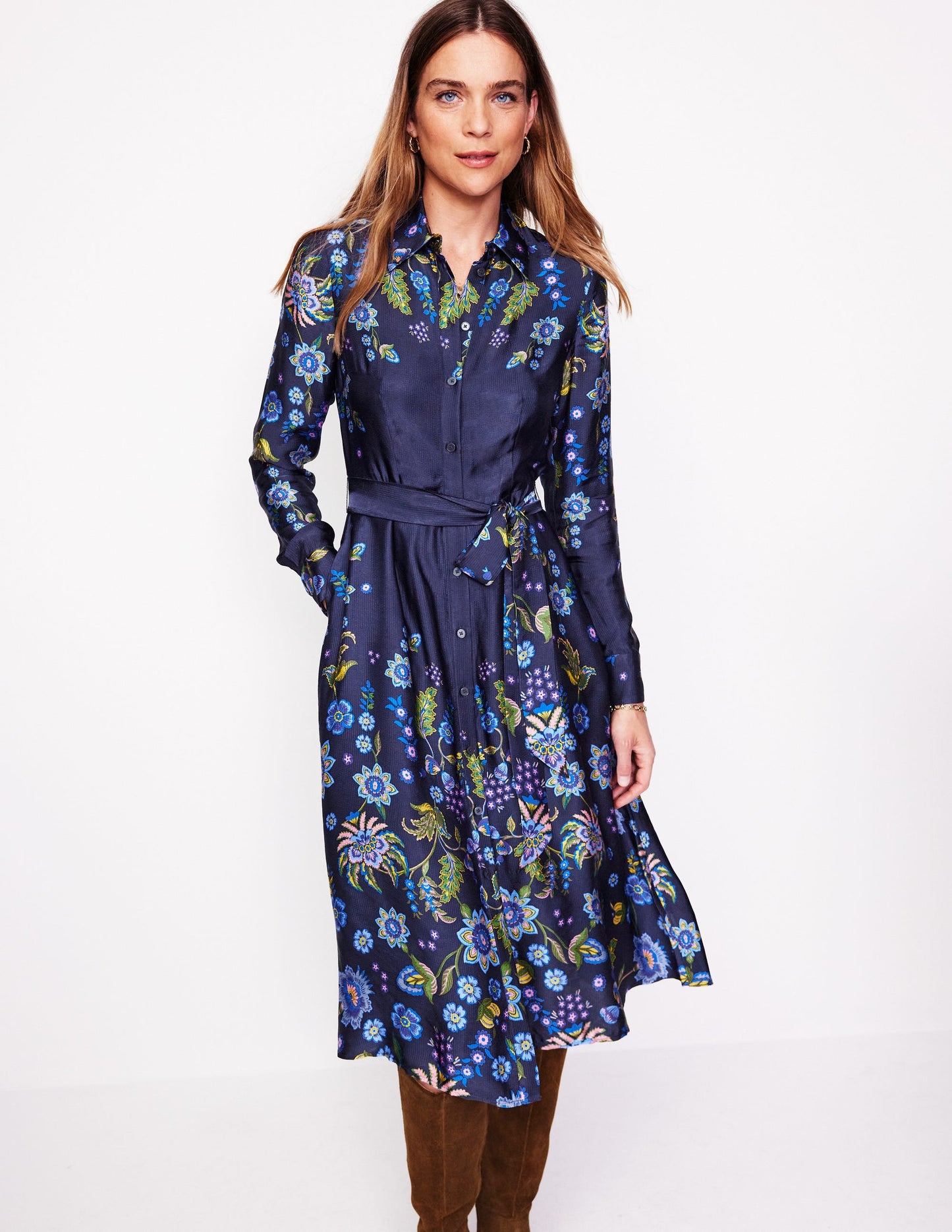 Kate Satin Shirt Dress-Blue, Blossom Flourish