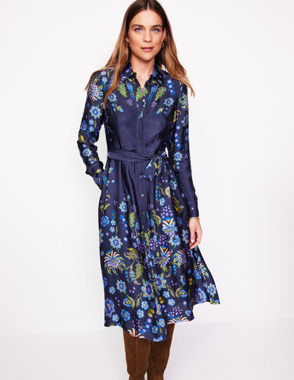 Kate Satin Shirt Dress-Blue, Blossom Flourish