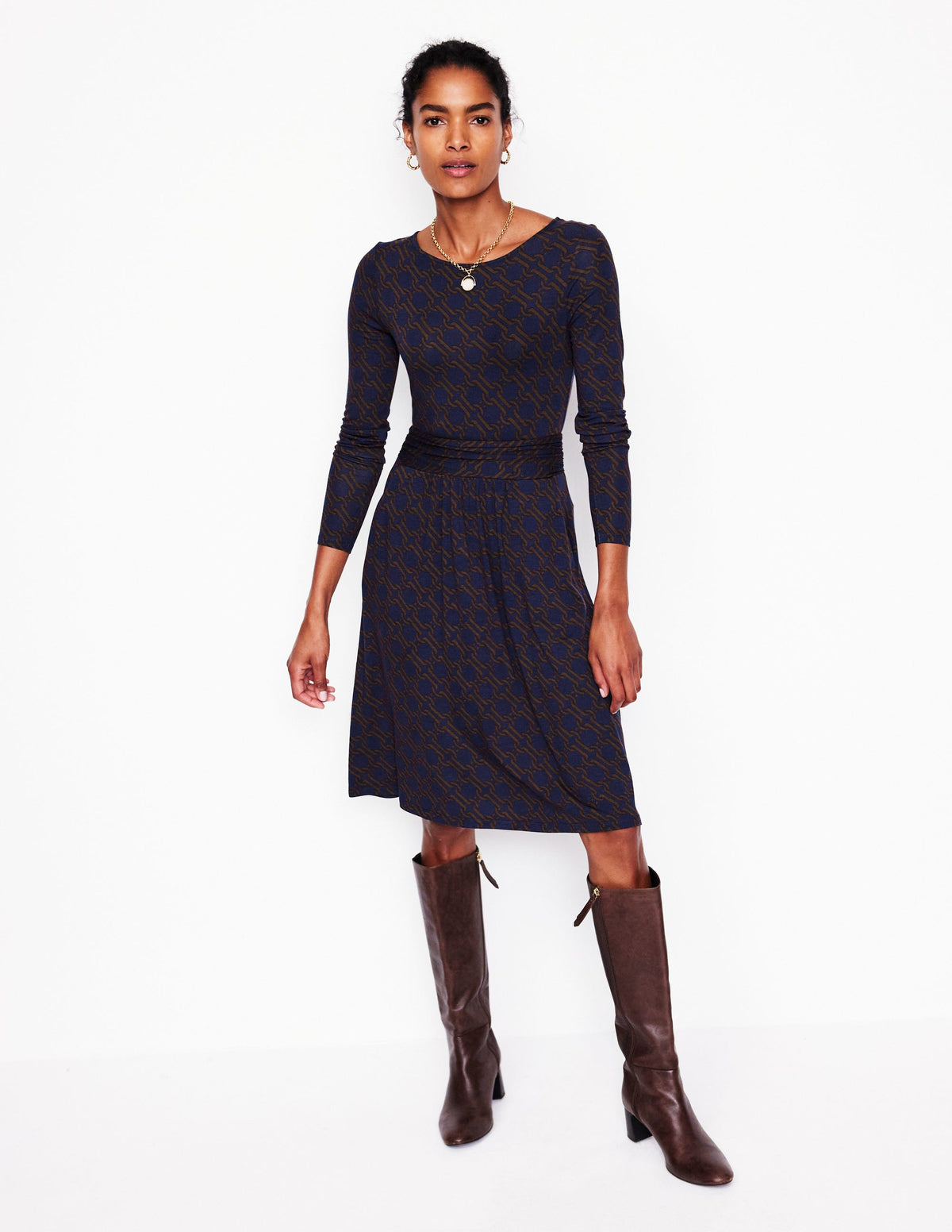 Amelie Long Sleeve Dress-Raw Umber, Chain Geo - Image 1