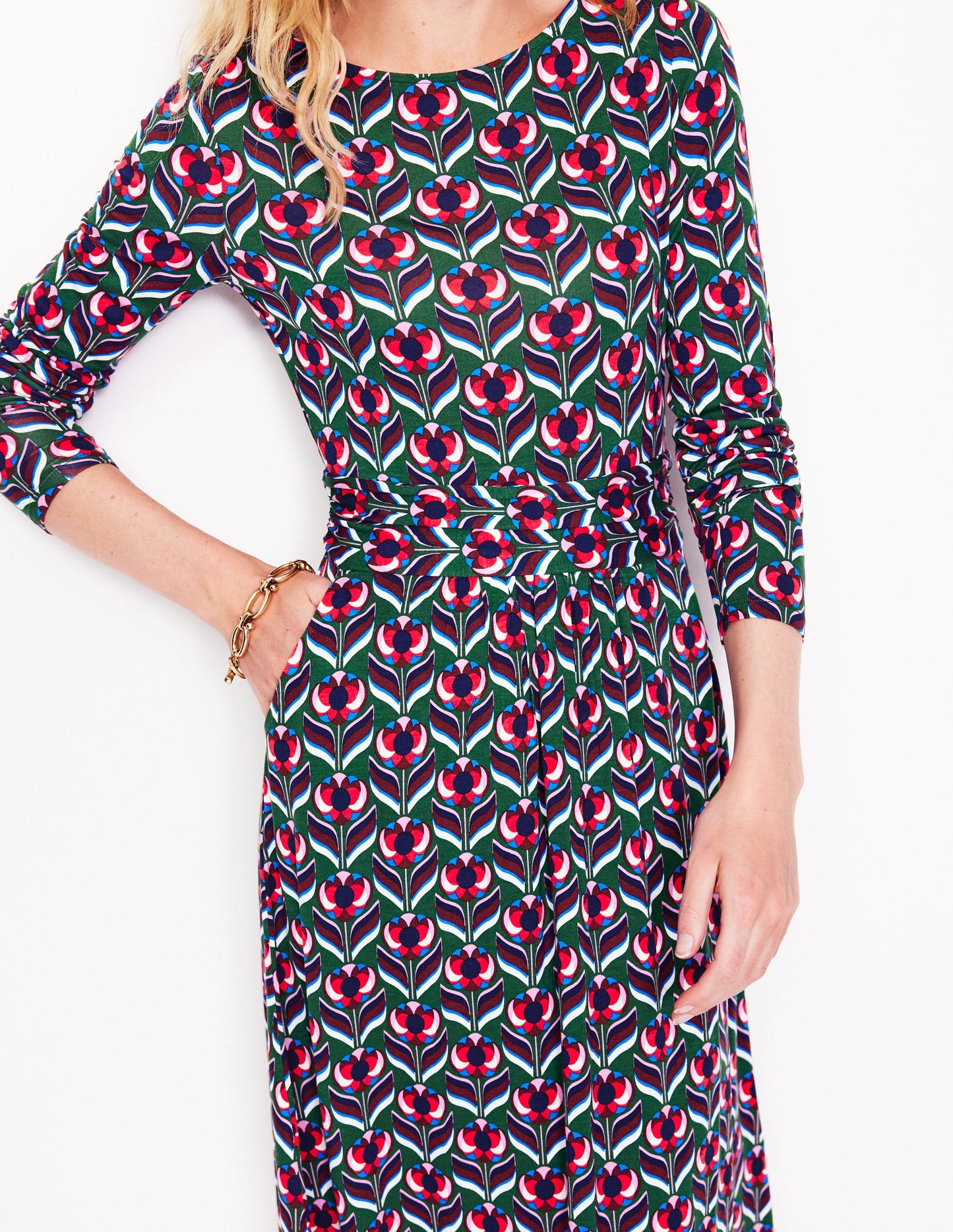 Amelie Long Sleeve Dress-Pine, Blossom Stamp