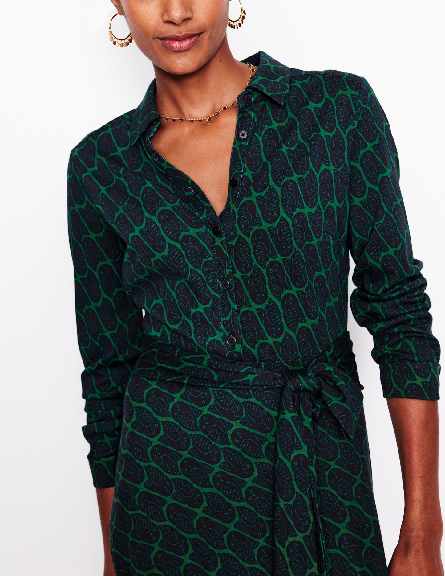 Laura Jersey Midi Shirt Dress-Rich Emerald, Owl Stamp