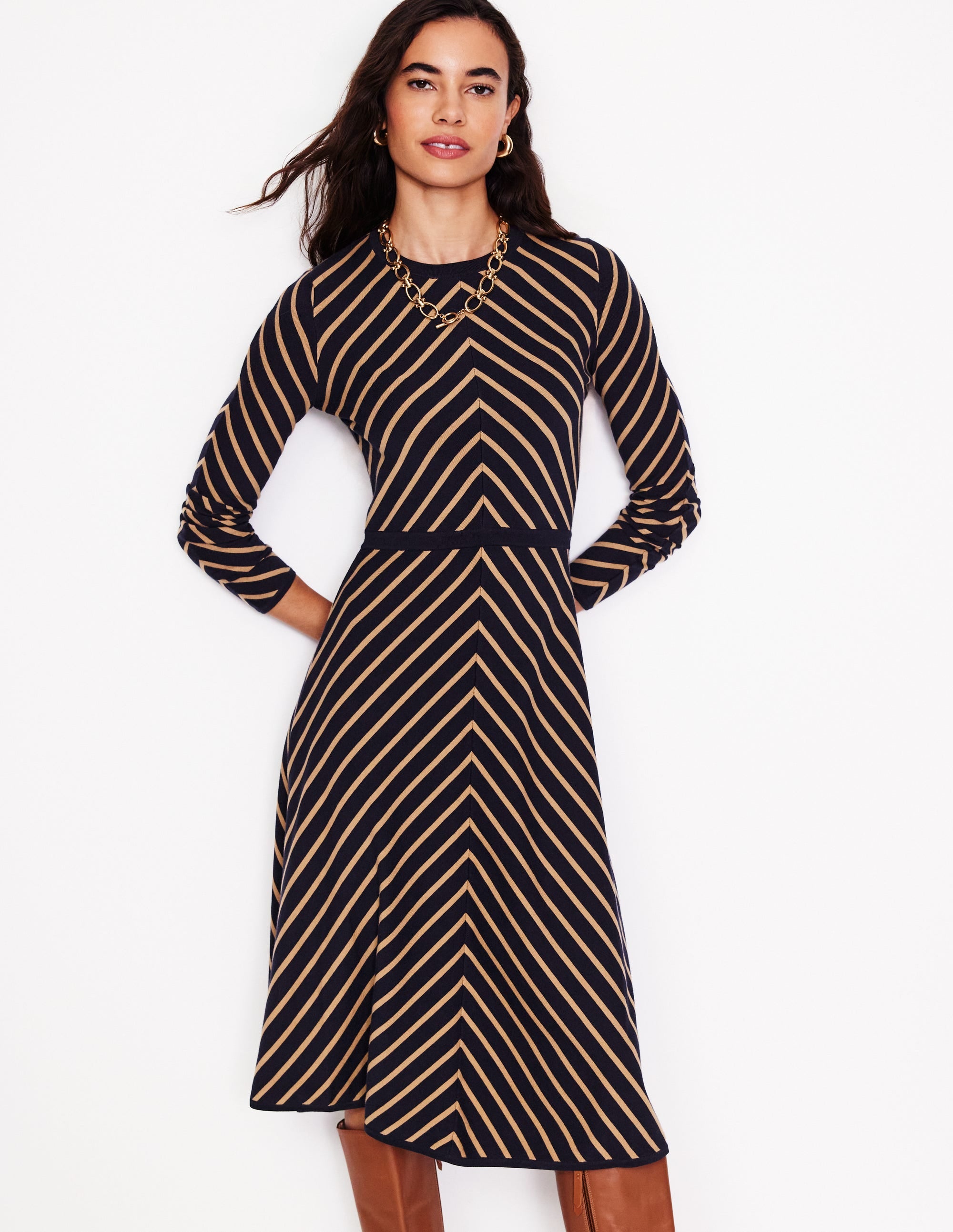 Maria Knitted Midi Dress-Navy, Camel Stripe - Image 1