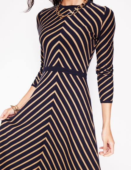 Maria Knitted Midi Dress-Navy, Camel Stripe