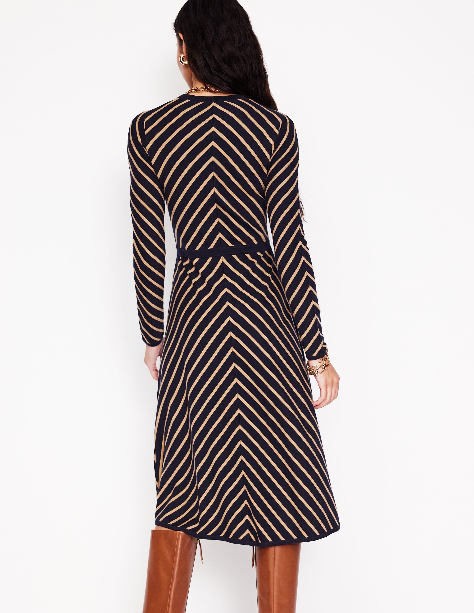 Maria Knitted Midi Dress-Navy, Camel Stripe - Image 3