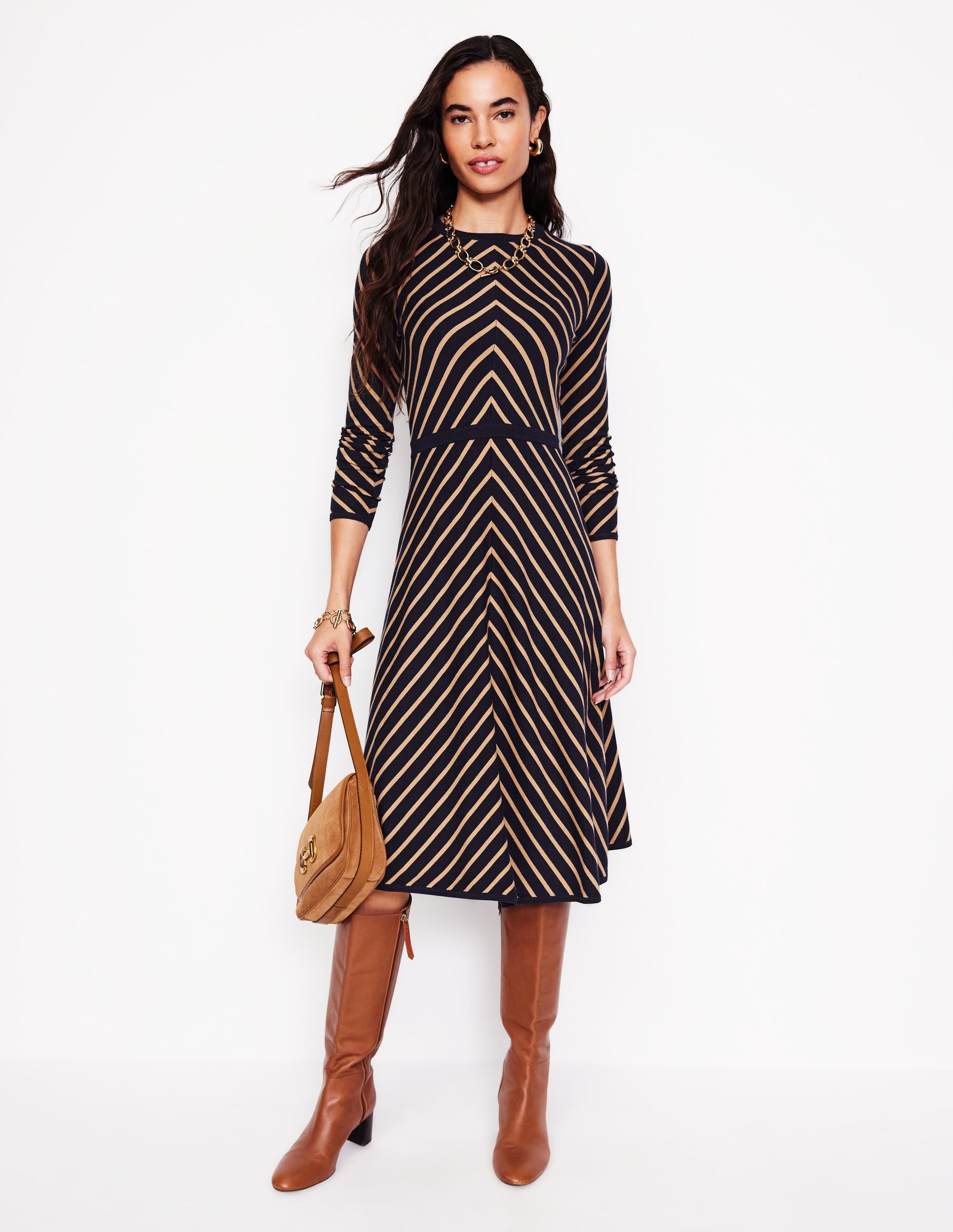 Maria Knitted Midi Dress-Navy, Camel Stripe - Image 4