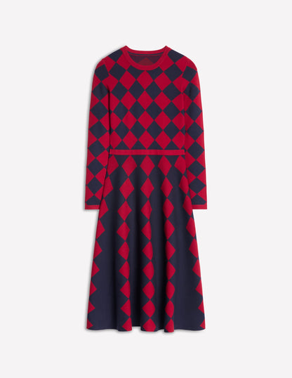 Maria Jacquard Knitted Dress-Red and Navy Argyle