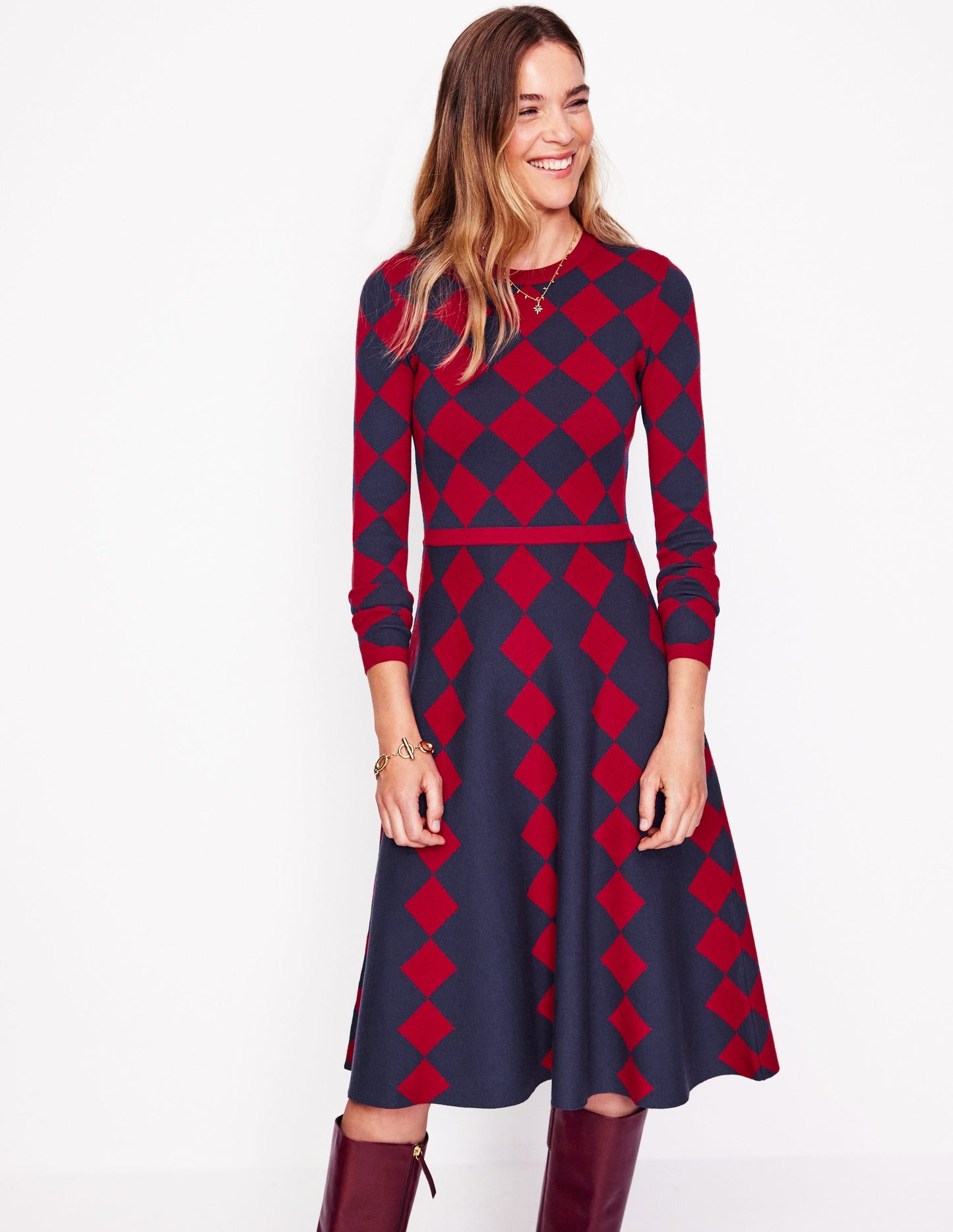 Maria Jacquard Knitted Dress-Red and Navy Argyle