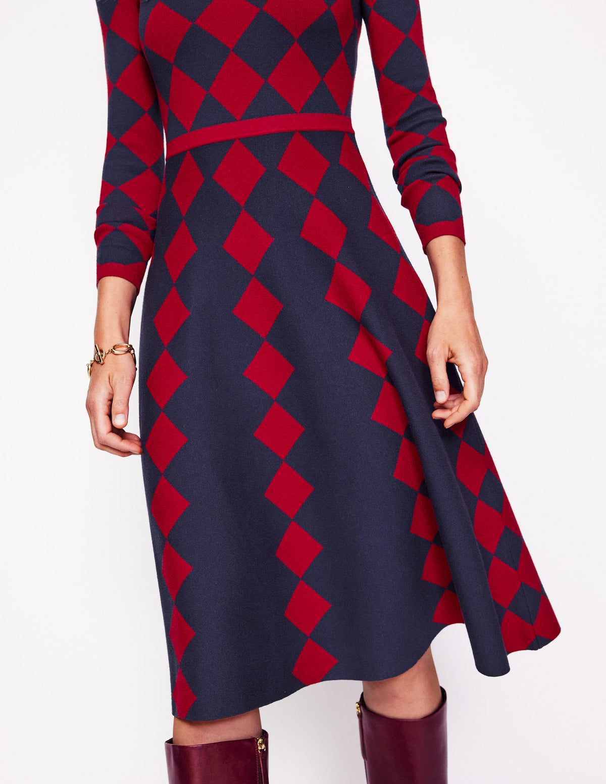 Maria Jacquard Knitted Dress-Red and Navy Argyle - Image 2