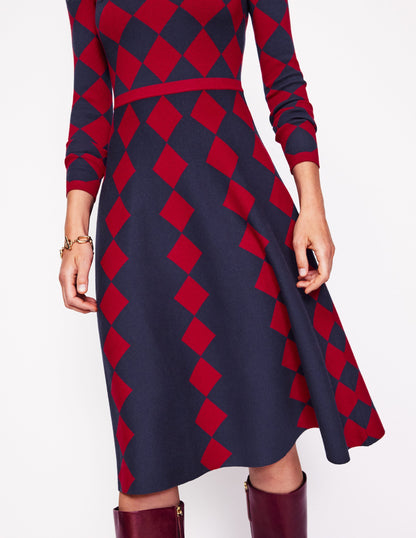 Maria Jacquard Knitted Dress-Red and Navy Argyle