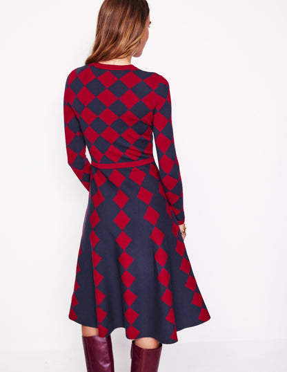 Maria Jacquard Knitted Dress-Red and Navy Argyle