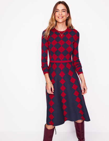 Maria Jacquard Knitted Dress-Red and Navy Argyle