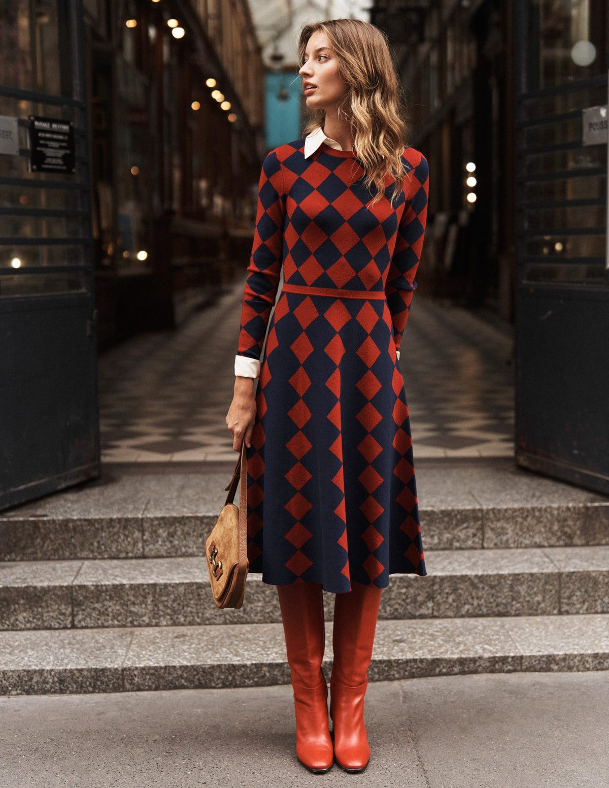 Maria Jacquard Knitted Dress-Red and Navy Argyle - Image 5