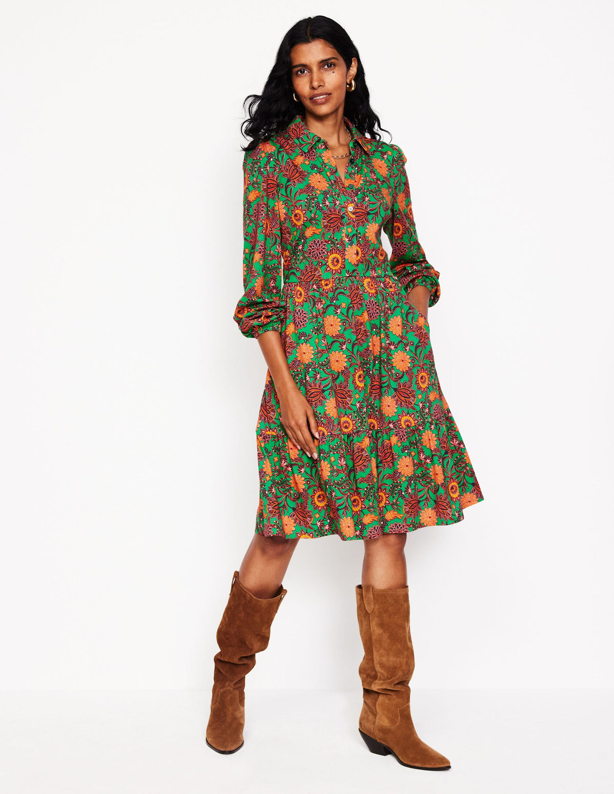 Jemima Tiered Jersey Dress-Rich Emerald, Ornate Bud - Image 2