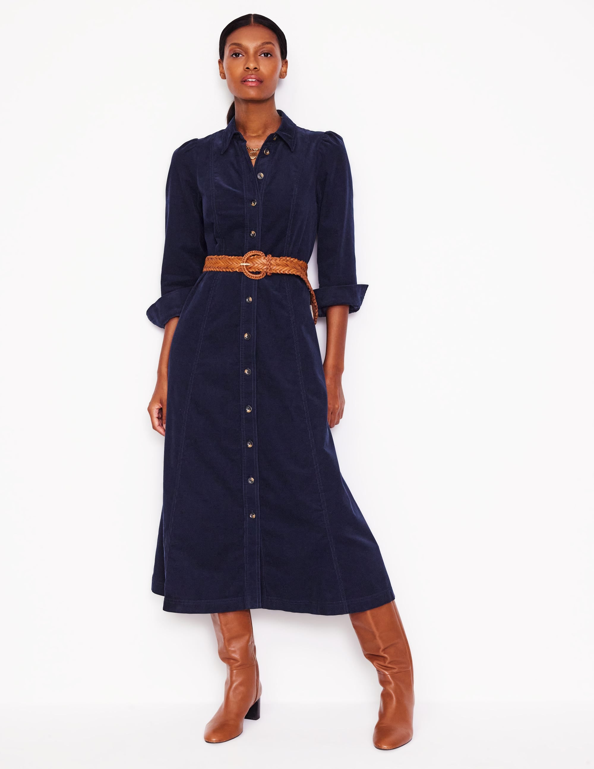 Aubrey Cord Midi Shirt Dress-Navy | Boden USA