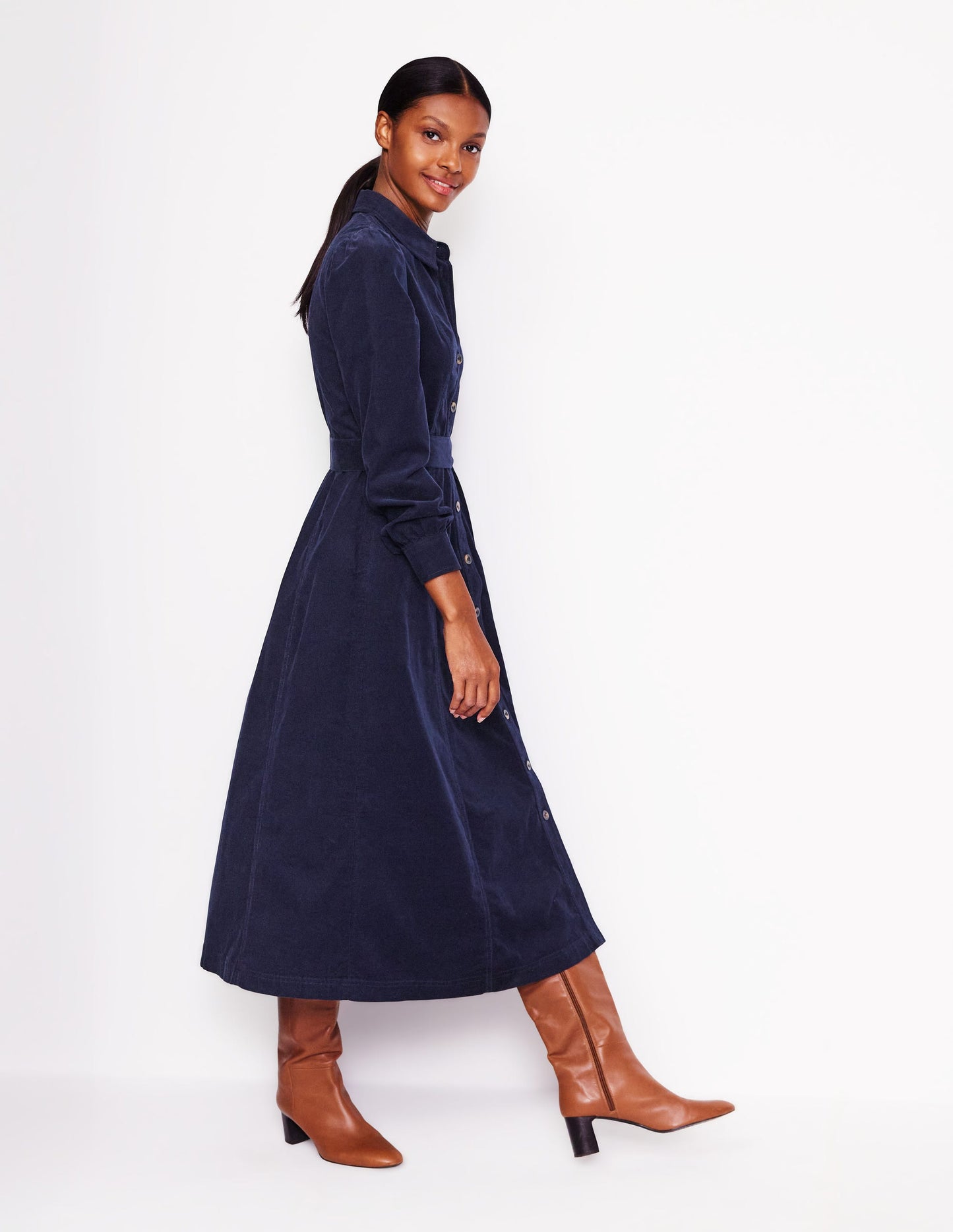 Aubrey Cord Midi Shirt Dress-Navy