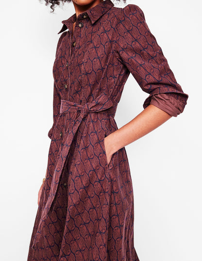 Aubrey Cord Midi Shirt Dress-Chestnut, Owl Stamp