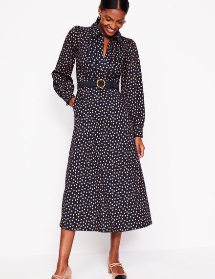 Pip Zip-Up Ponte Midi Dress-French Navy, Abstract Dot